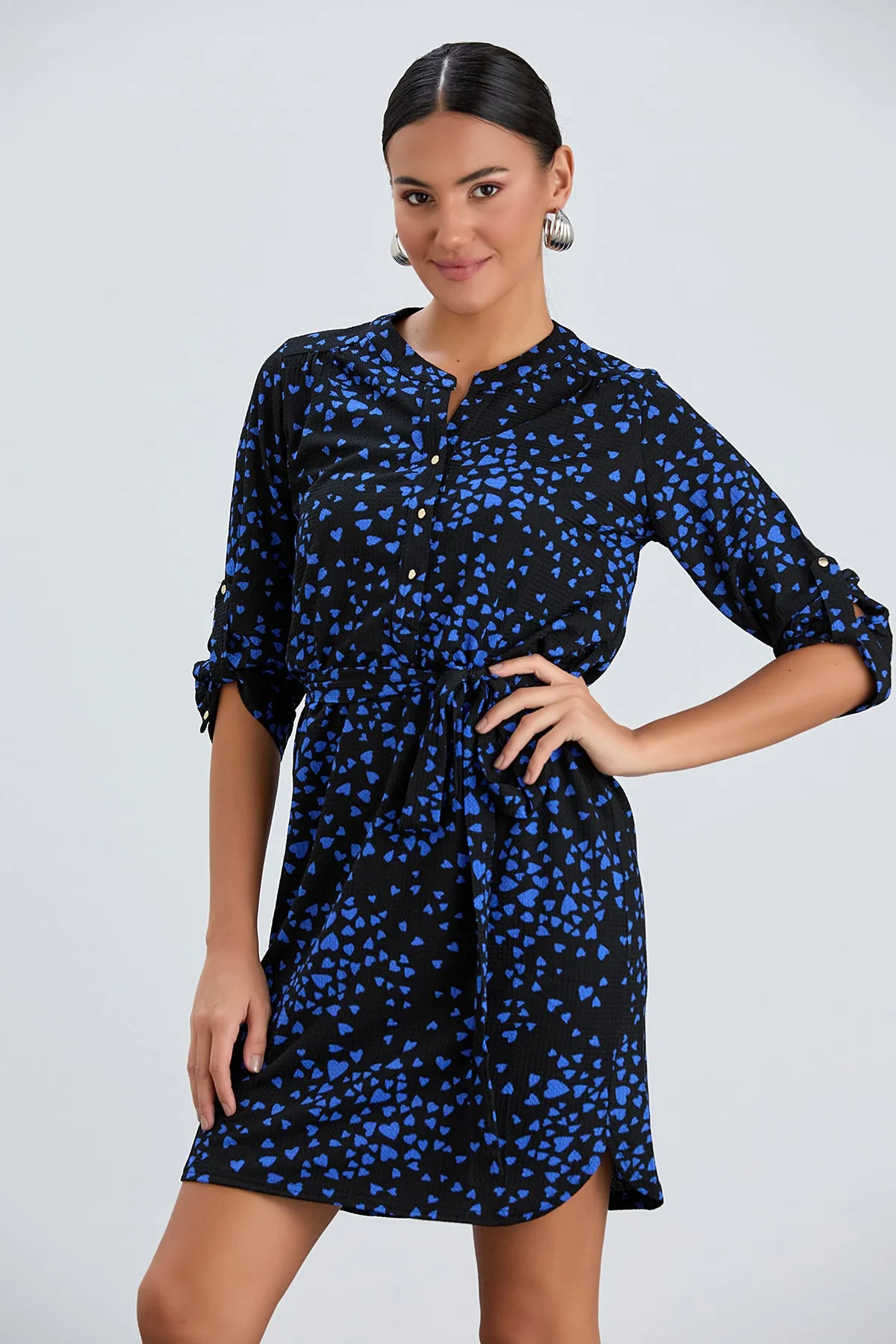 Shirt Mini Dress in Black/Blue heart print
