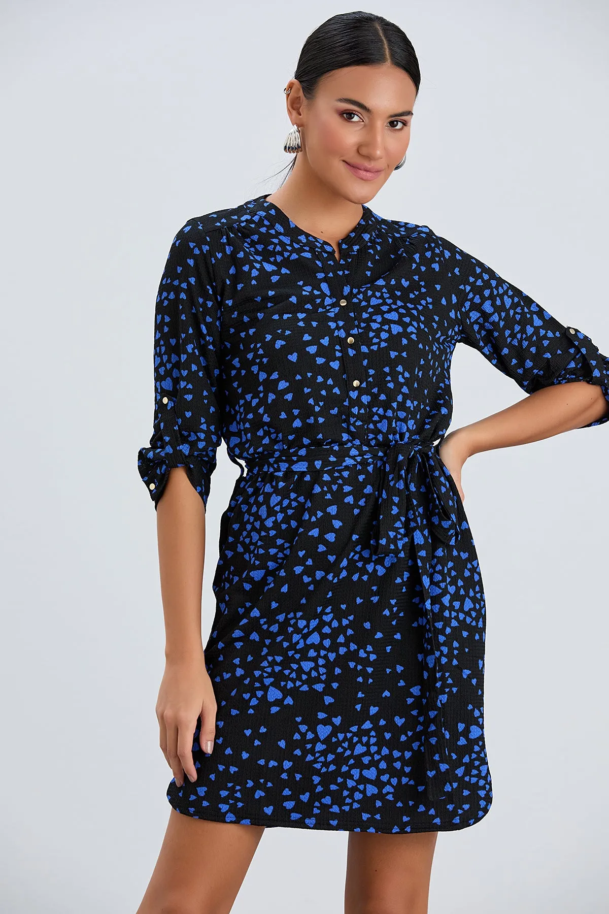 Shirt Mini Dress in Black/Blue heart print