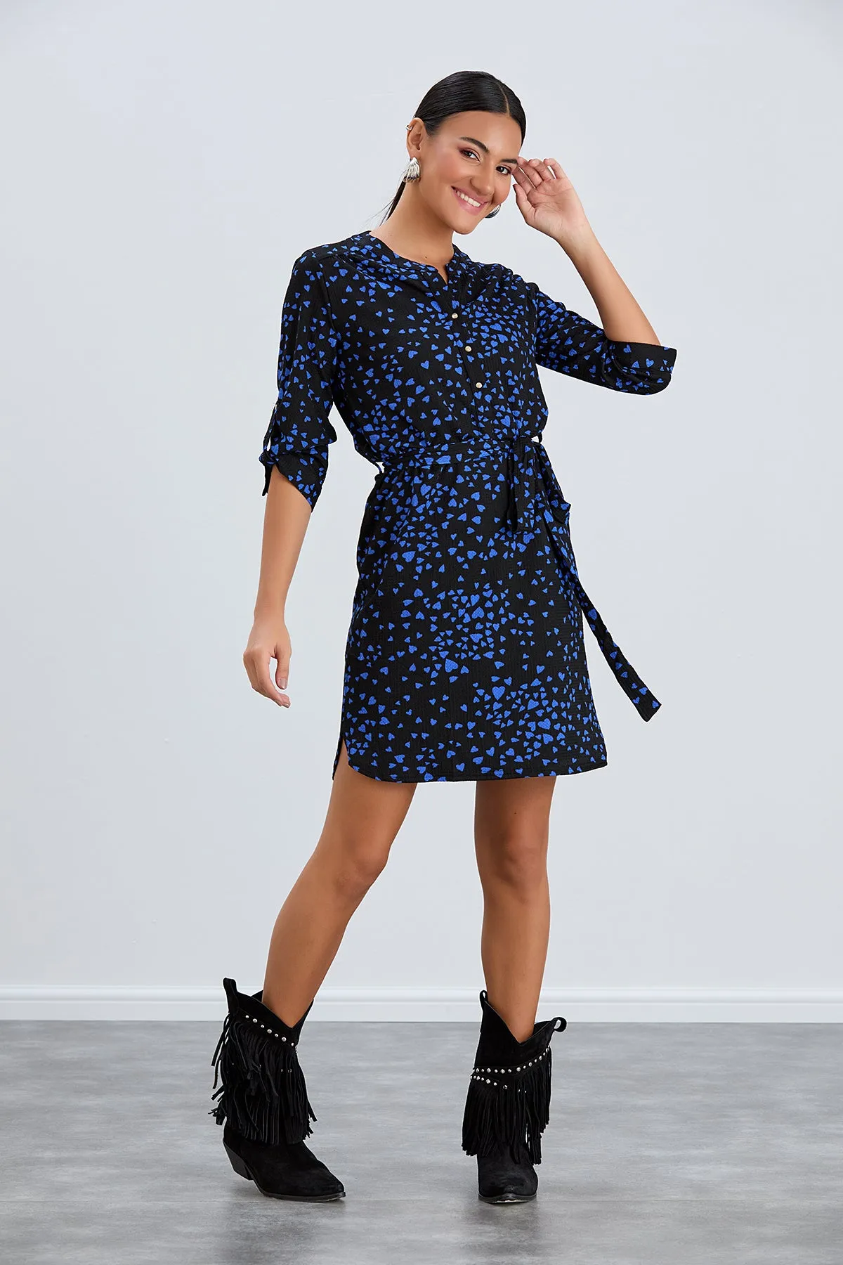Shirt Mini Dress in Black/Blue heart print