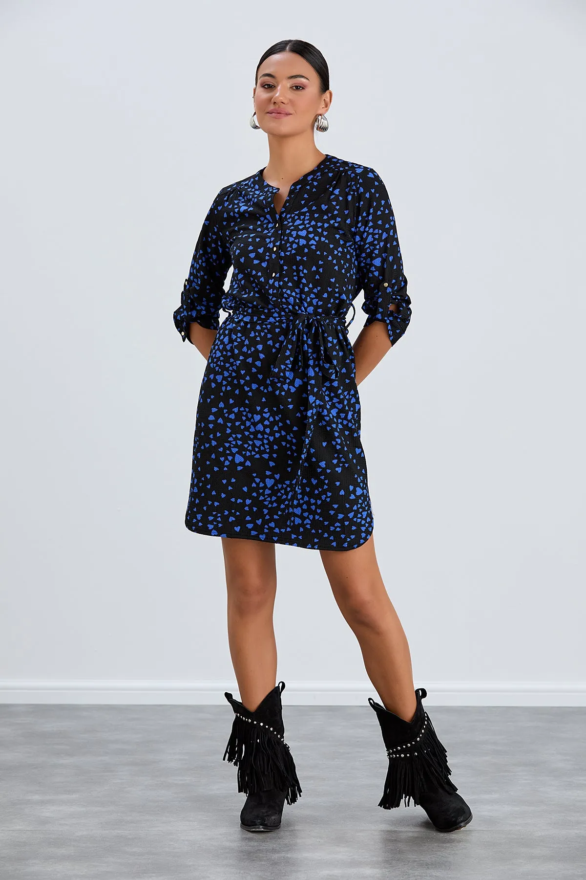 Shirt Mini Dress in Black/Blue heart print
