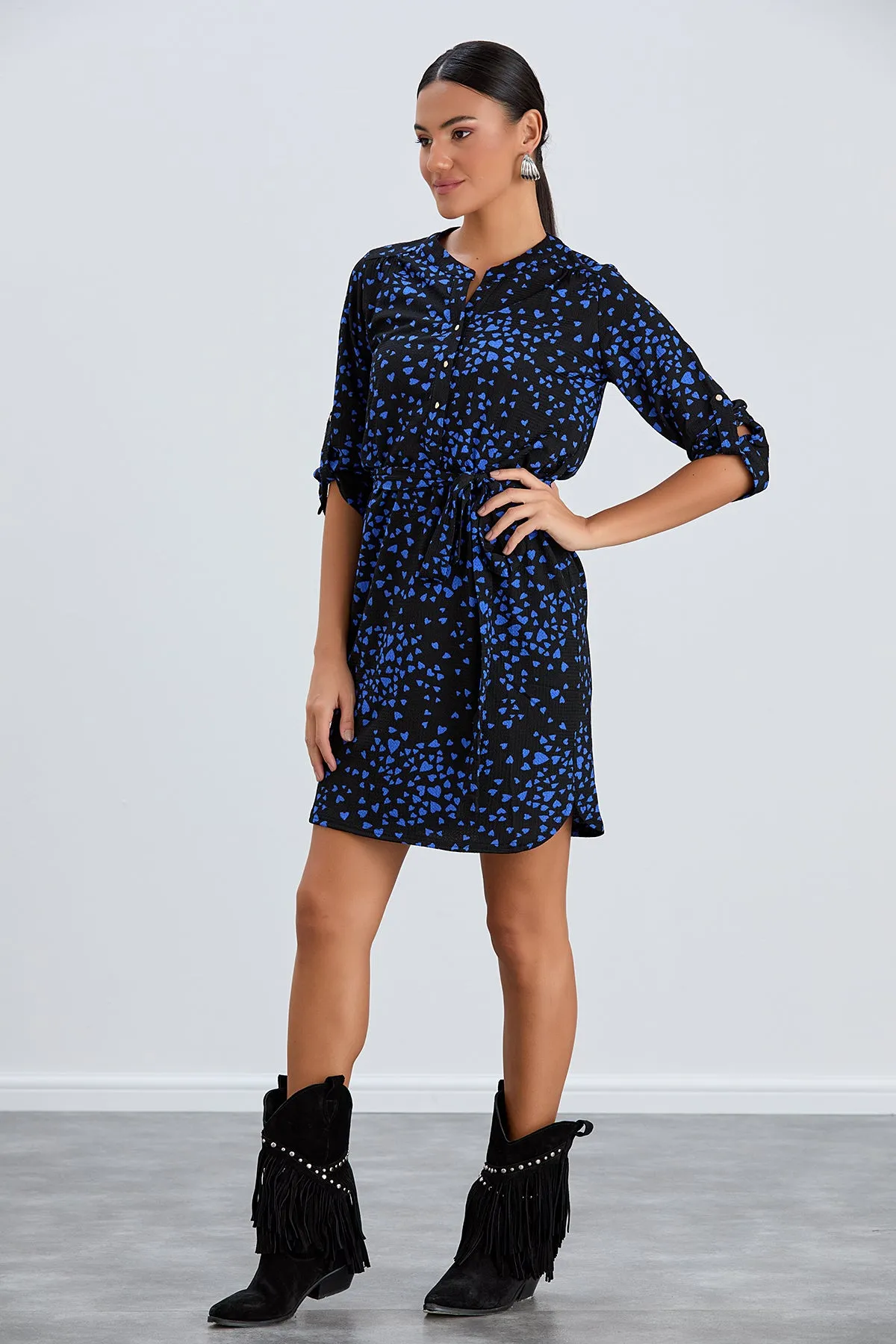 Shirt Mini Dress in Black/Blue heart print
