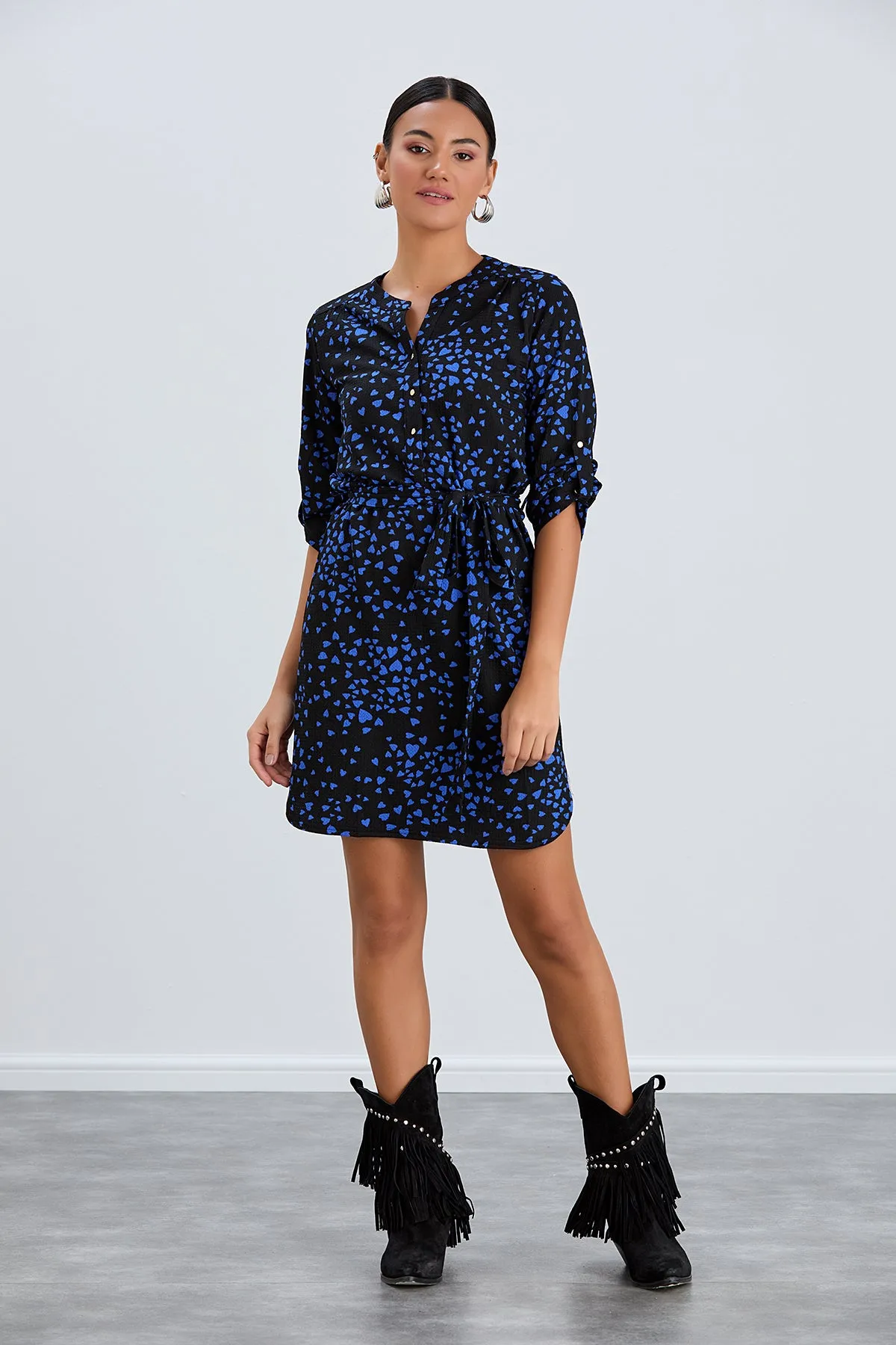 Shirt Mini Dress in Black/Blue heart print