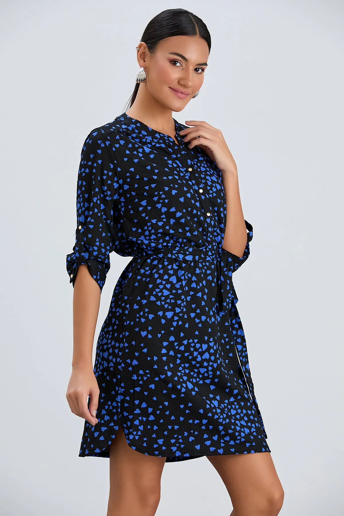 Shirt Mini Dress in Black/Blue heart print