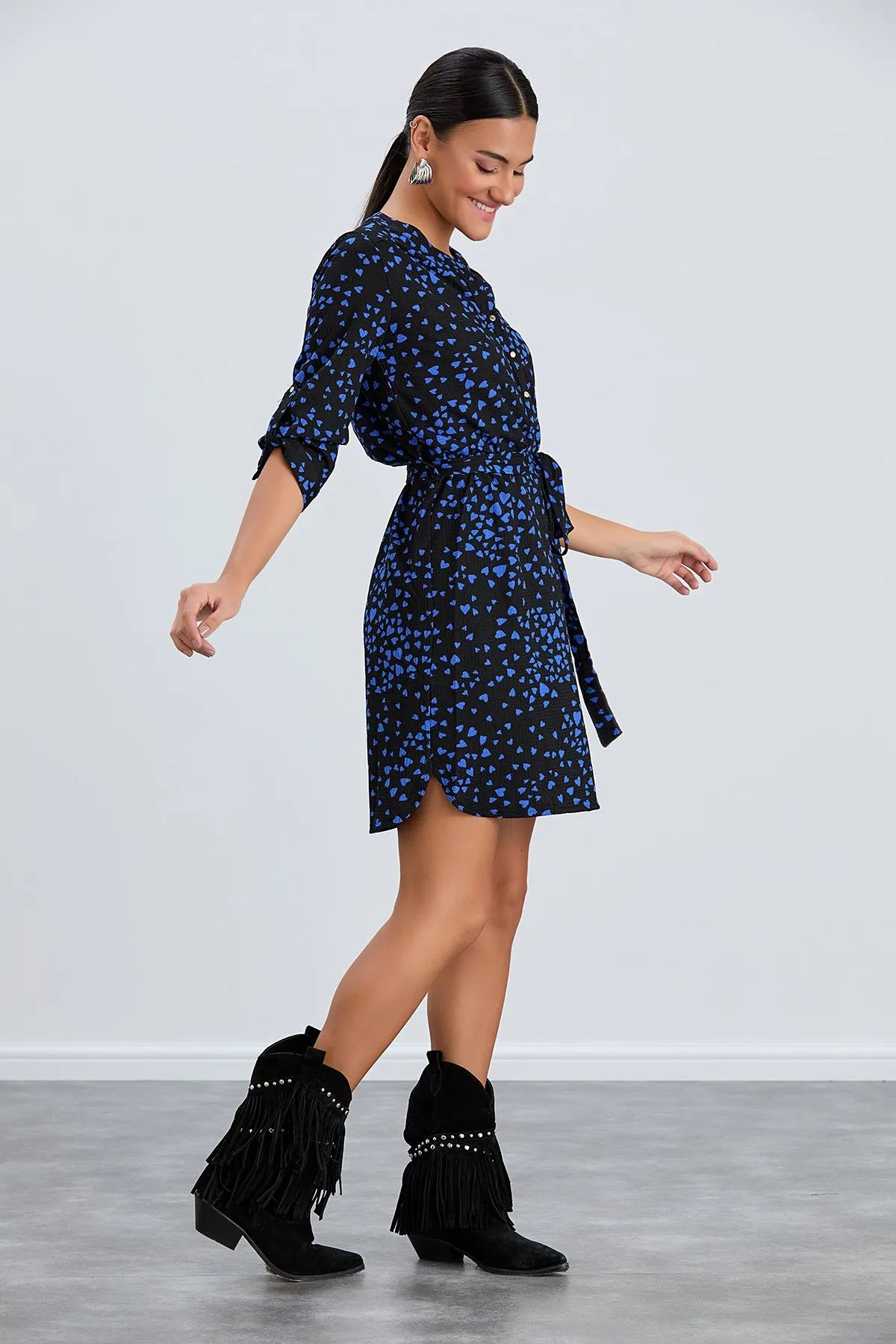 Shirt Mini Dress in Black/Blue heart print