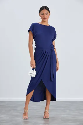Short Sleeve Wrap Midi Dress in Navy