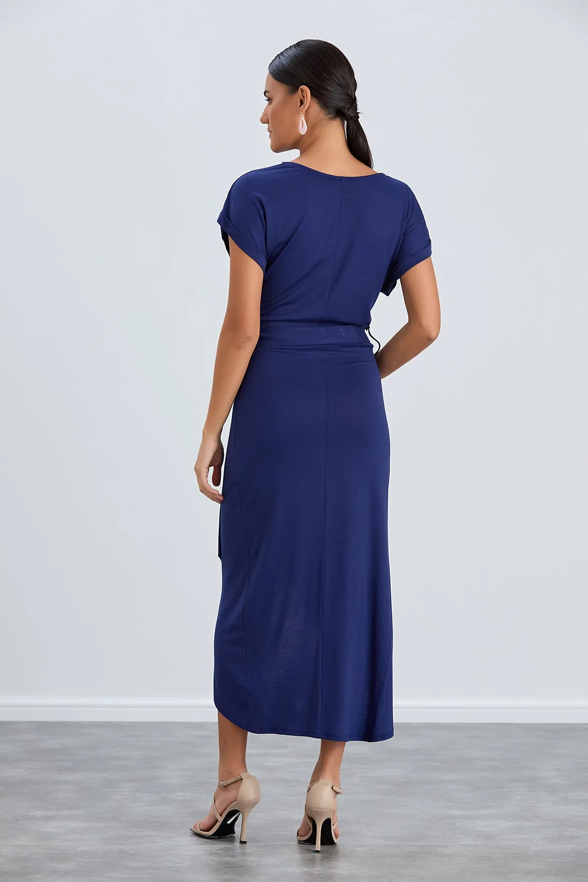 Short Sleeve Wrap Midi Dress in Navy
