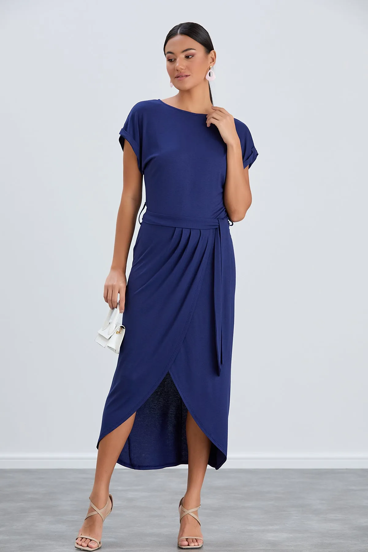Short Sleeve Wrap Midi Dress in Navy