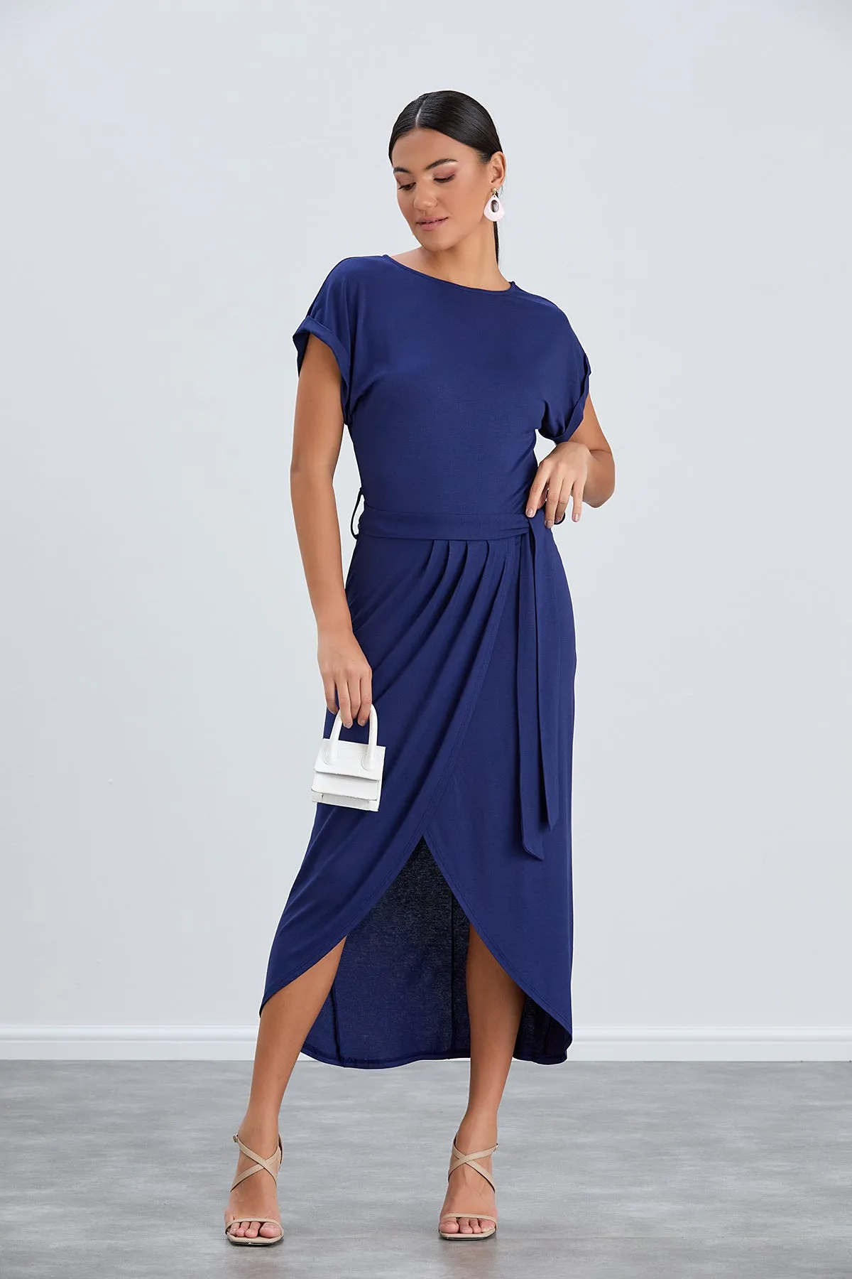 Short Sleeve Wrap Midi Dress in Navy