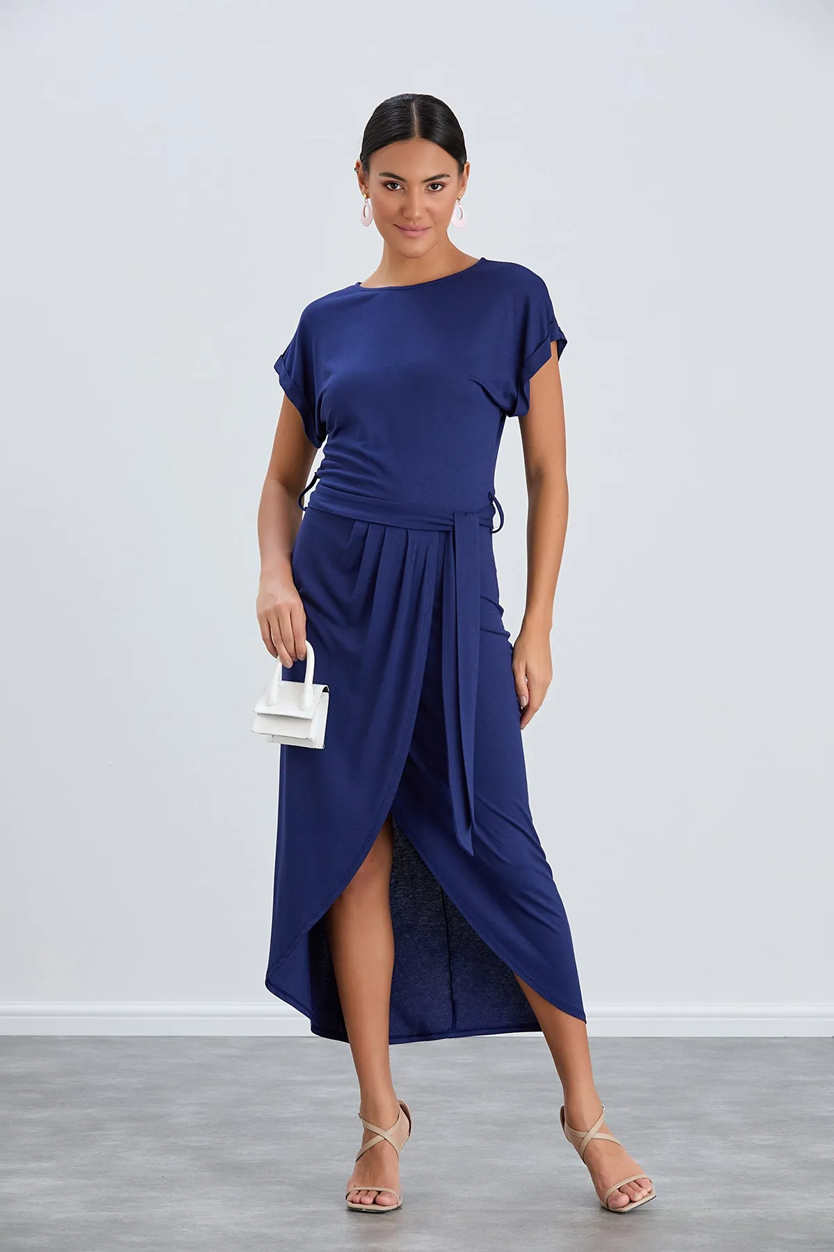 Short Sleeve Wrap Midi Dress in Navy