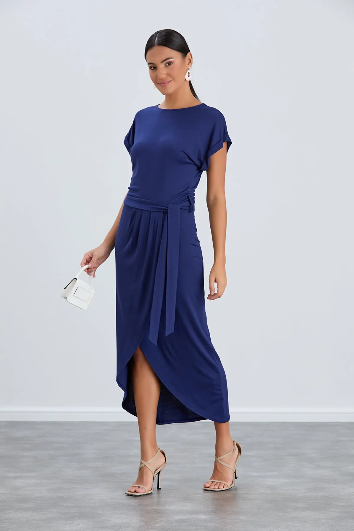 Short Sleeve Wrap Midi Dress in Navy