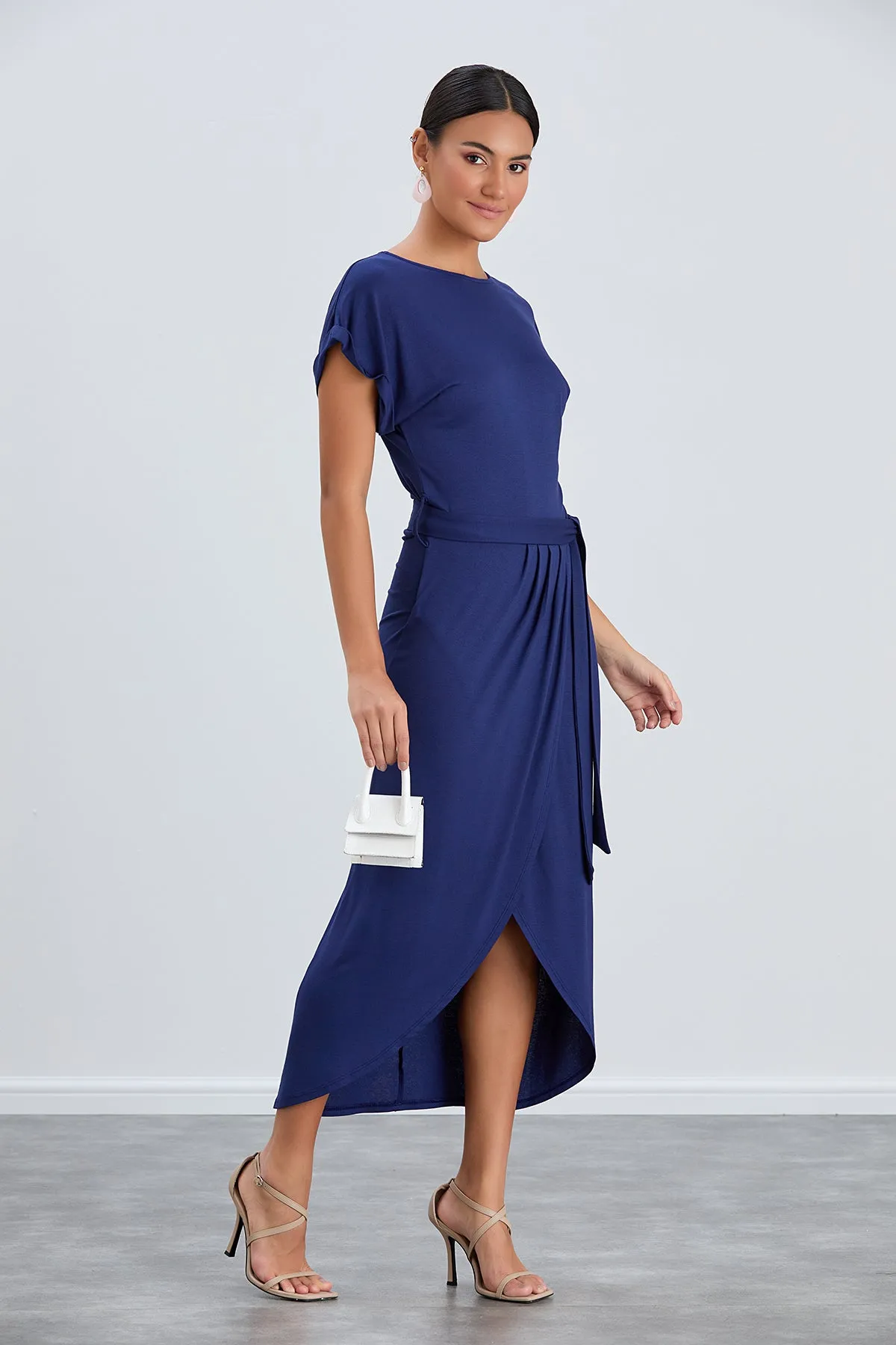 Short Sleeve Wrap Midi Dress in Navy