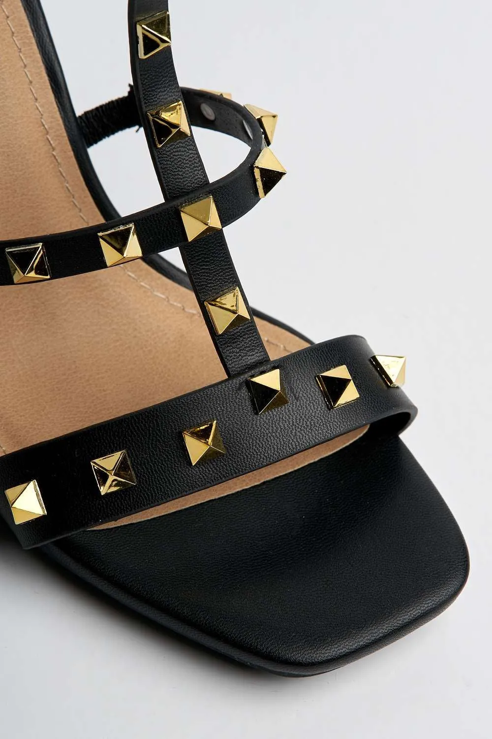 Troya Studded Block Heel Sandals in Black Matt