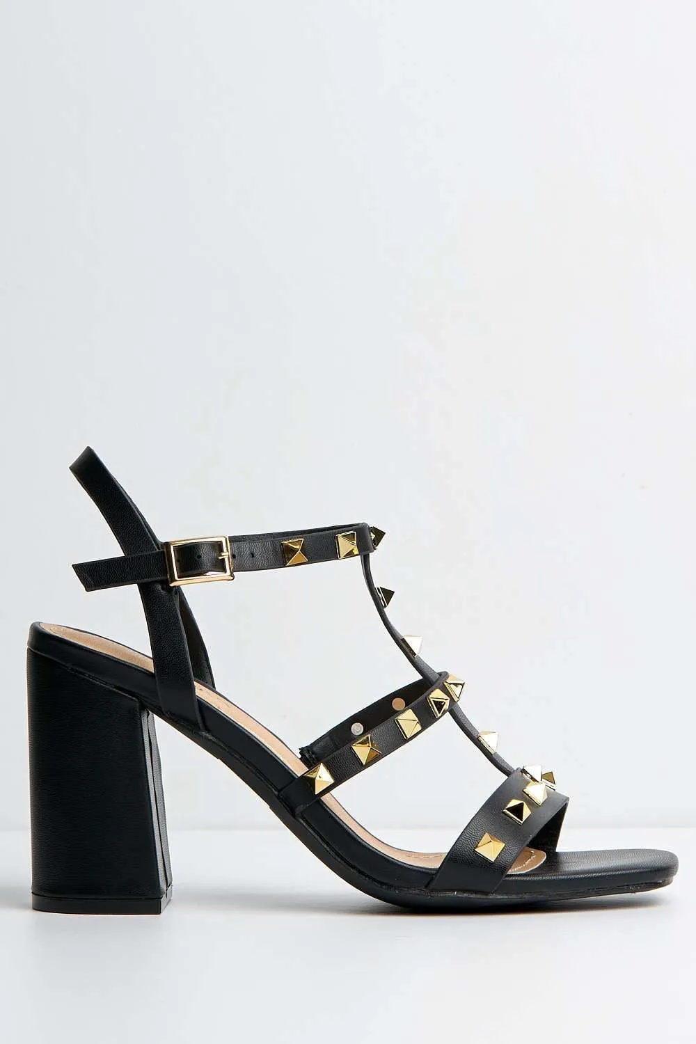 Troya Studded Block Heel Sandals in Black Matt