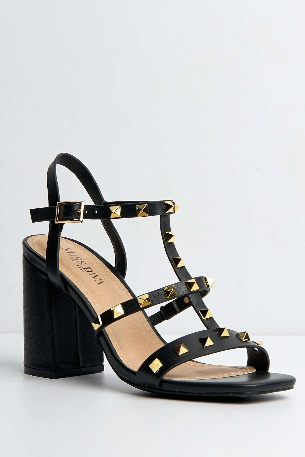 Troya Studded Block Heel Sandals in Black Matt