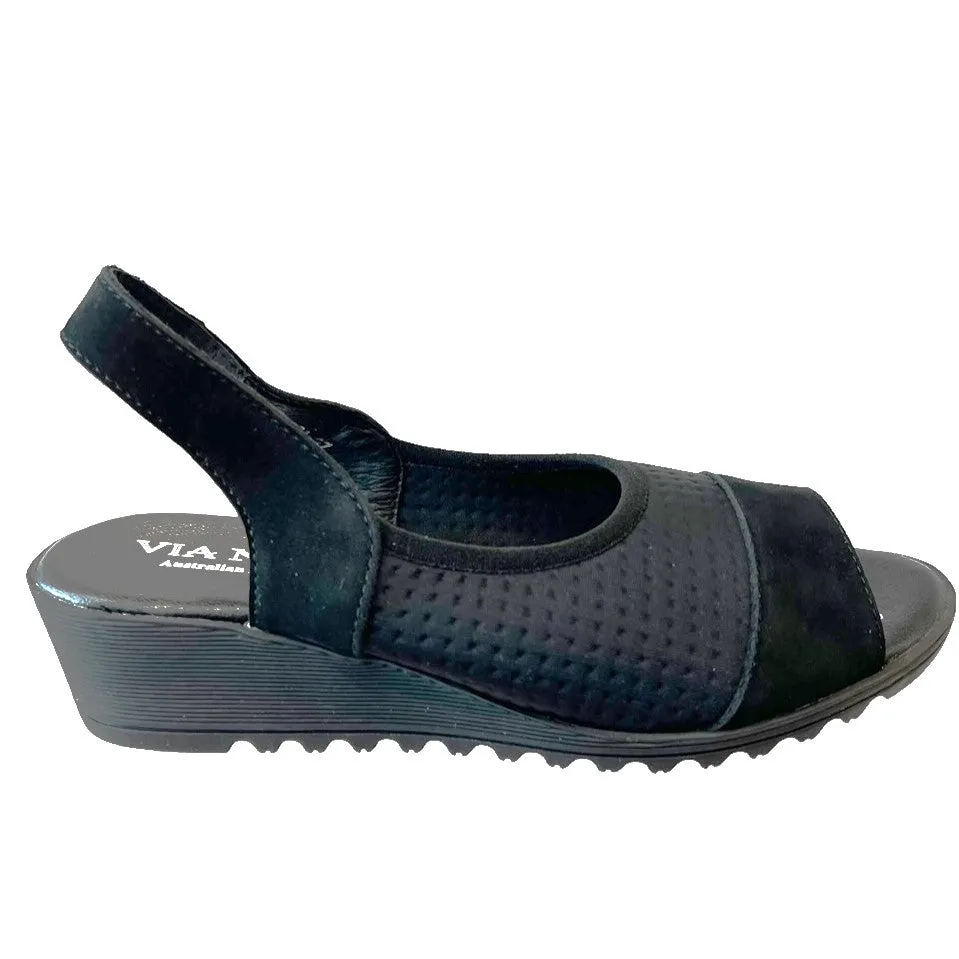 VIA NOVA INELDA Black Leather Sling Back Comfort Wedge