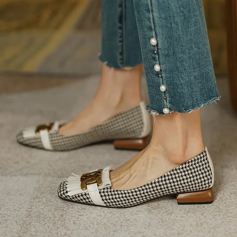 vintage plaid tassel low heel loafers