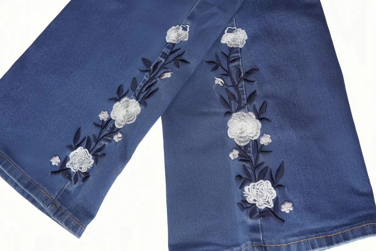 Women's Flare Jeans High Rise Floral Embroidery Mid Waist High Stretchy Bootcut Slim Wide Leg Denim Pants