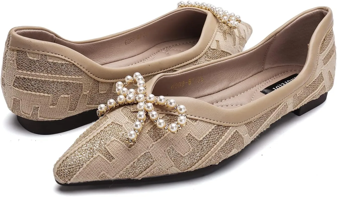 Women's Flats Pearl and Lace Embellished Pointed Toe Dress Shoes Comfortable Women's Flats Women's White Flats