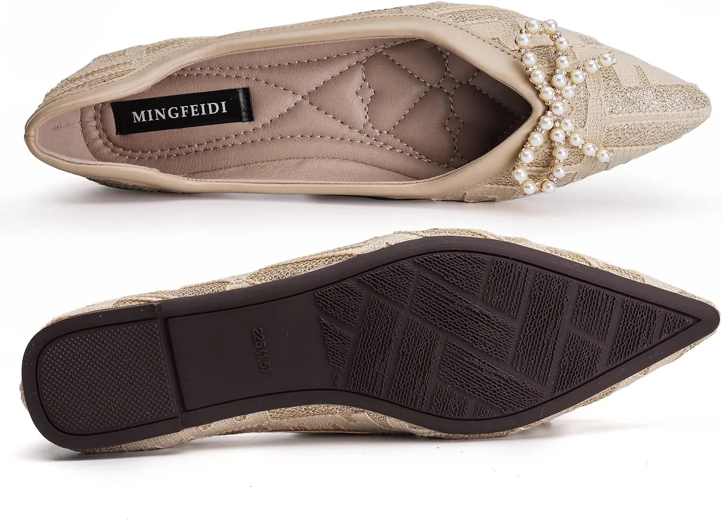 Women's Flats Pearl and Lace Embellished Pointed Toe Dress Shoes Comfortable Women's Flats Women's White Flats