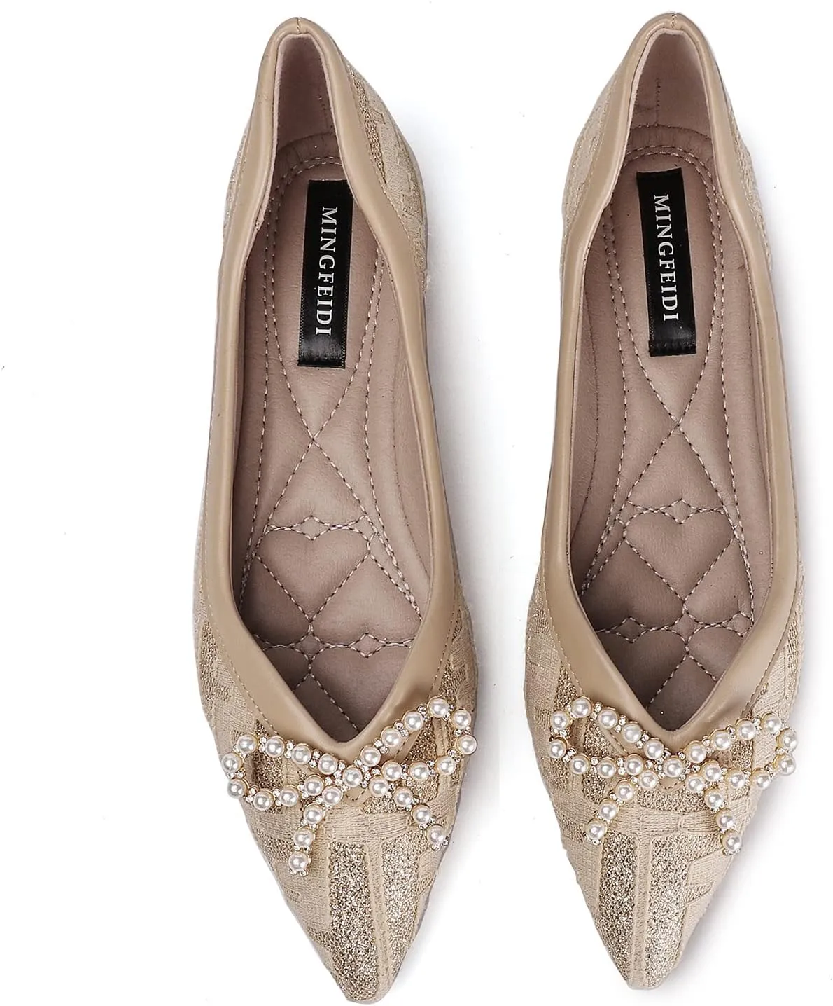 Women's Flats Pearl and Lace Embellished Pointed Toe Dress Shoes Comfortable Women's Flats Women's White Flats