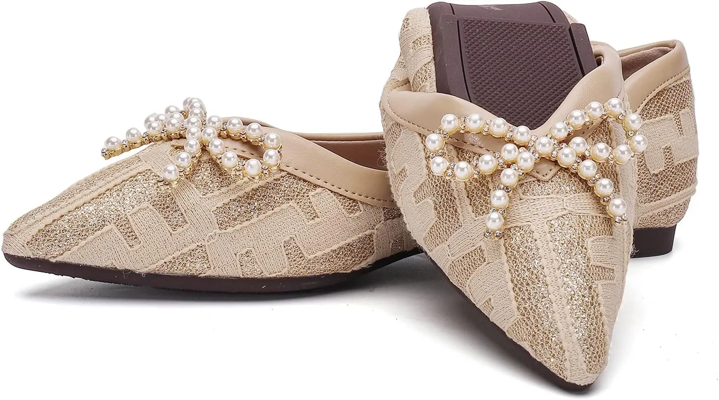 Women's Flats Pearl and Lace Embellished Pointed Toe Dress Shoes Comfortable Women's Flats Women's White Flats