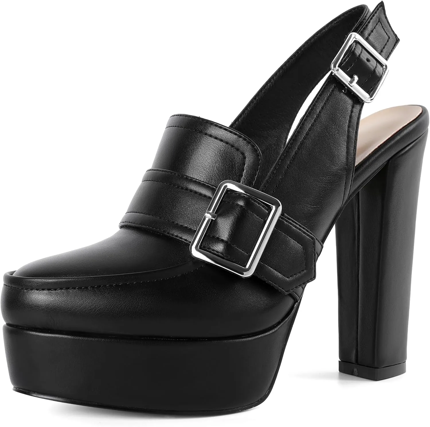 Womens High Heel Loafers Chunky Block Heels Round Toe Pumps Dressy Wedding 4.8 Inches Black Matte Leather US Size 6