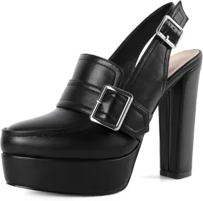 Womens High Heel Loafers Chunky Block Heels Round Toe Pumps Dressy Wedding 4.8 Inches Black Matte Leather US Size 6