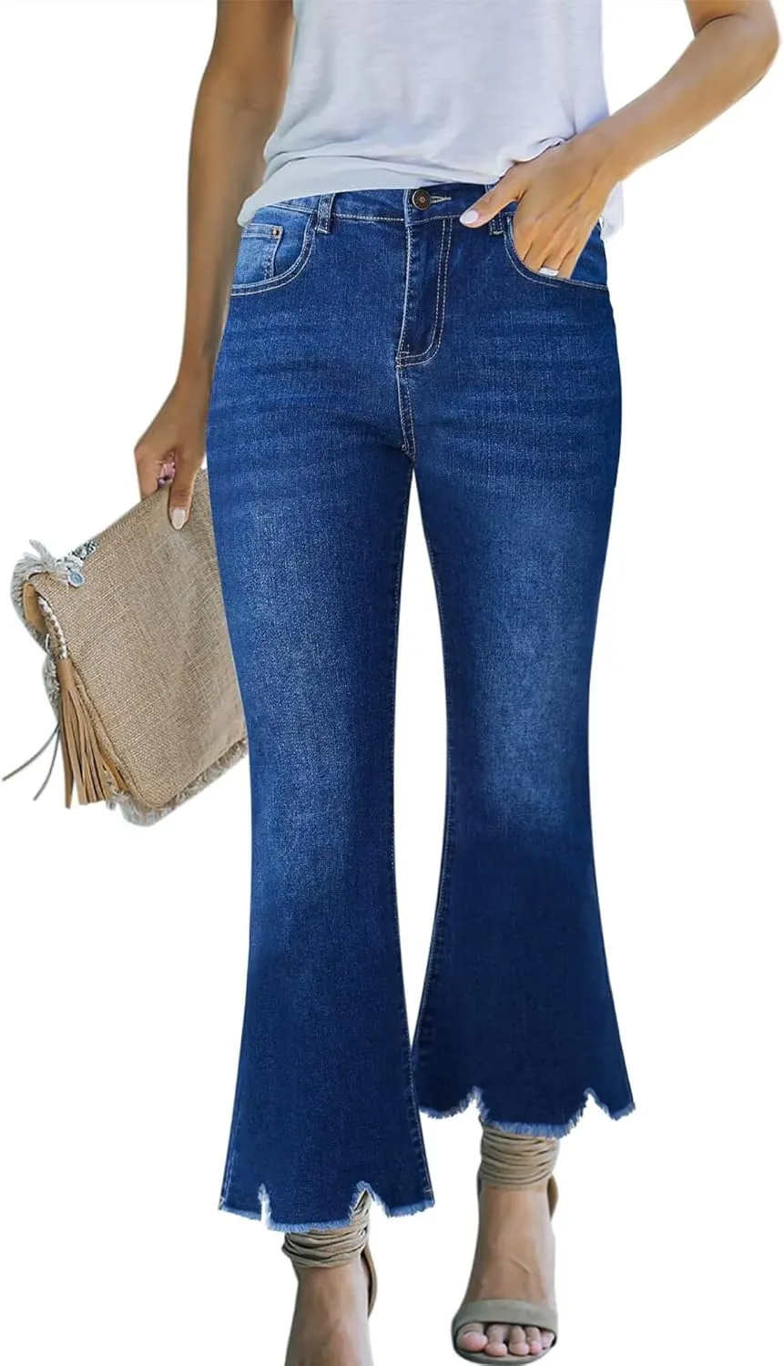 Women's High Waisted Crop Flare Jeans for Women Cropped Bell Bottom Jeans for Women Denim Pants with Live Hem
