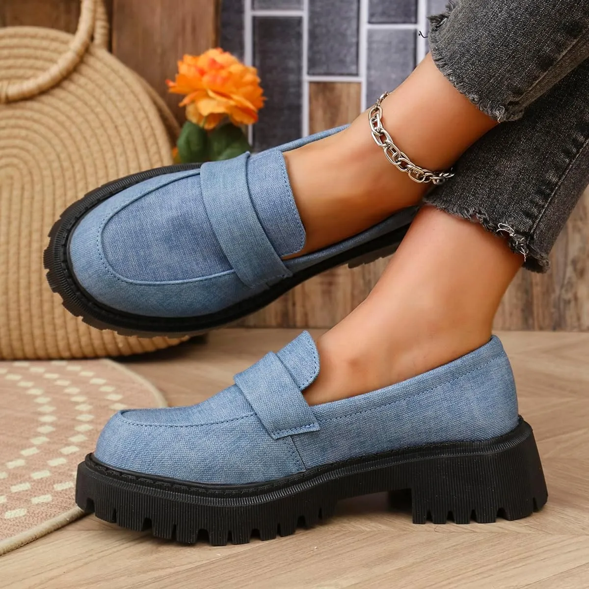 Women's Thick Soled Penny Loafers, one Foot Stirrup Canvas Material Slope Heel Oxfords, Office and Daily wear Thick Heel Non-Slip Casual Business Work Shoes