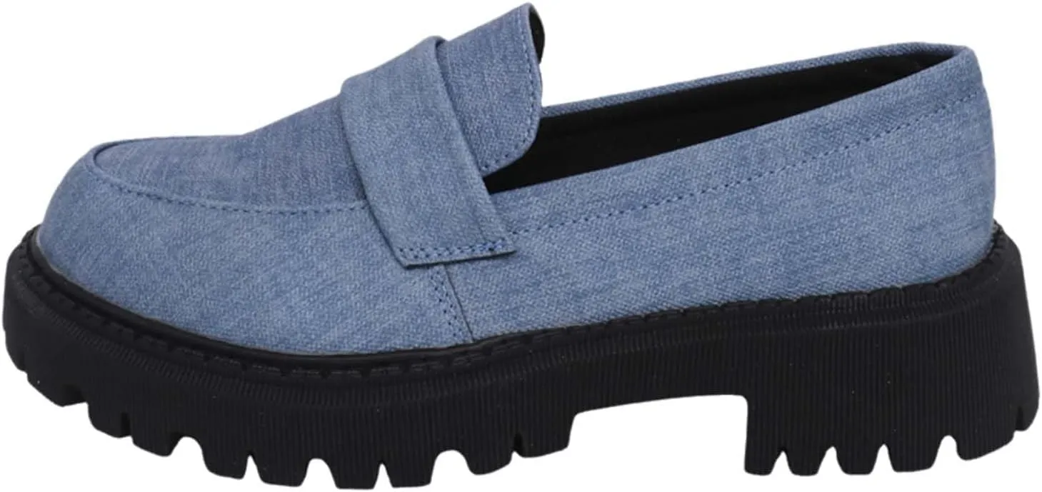 Women's Thick Soled Penny Loafers, one Foot Stirrup Canvas Material Slope Heel Oxfords, Office and Daily wear Thick Heel Non-Slip Casual Business Work Shoes