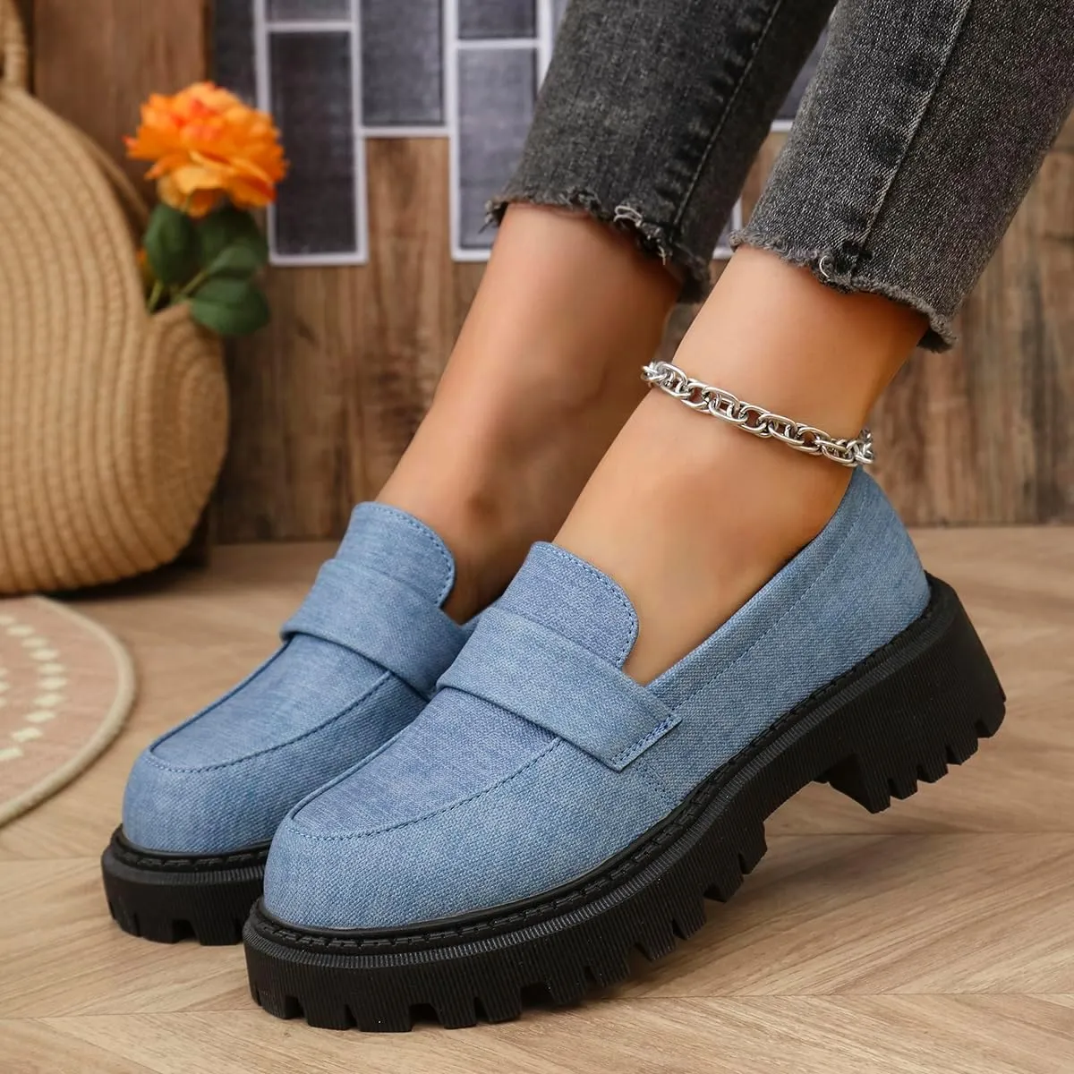 Women's Thick Soled Penny Loafers, one Foot Stirrup Canvas Material Slope Heel Oxfords, Office and Daily wear Thick Heel Non-Slip Casual Business Work Shoes