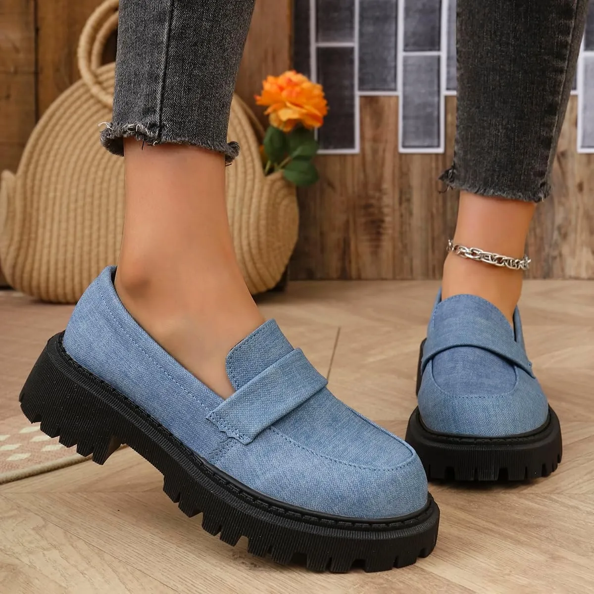 Women's Thick Soled Penny Loafers, one Foot Stirrup Canvas Material Slope Heel Oxfords, Office and Daily wear Thick Heel Non-Slip Casual Business Work Shoes